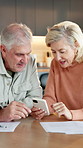 Old couple, reading and document in home with phone, research and letter for finance inquiry. Smile, senior people and talk at house with mobile, financial invoice and information for household bills