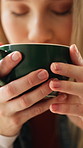 Coffee, drinking and woman in diner with relax, calm or peaceful morning on holiday or break. Scent, smell and female person with warm beverage or cappuccino aroma in restaurant or cafe on vacation.