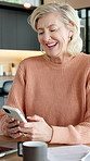 Finance, laughing and phone with old woman at desk in home for budget or retirement planning. Accounting, app and financial documents with funny senior person in apartment for feedback or review