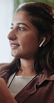 Music, smile and thinking with woman in home living room for break, mindfulness or peace. Audio streaming, breathing and earphones with happy person in apartment for reflection, memories or nostalgia