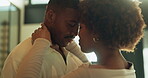 Dance, moment and love with happy couple in kitchen of home together for bonding or security. Affection, eyes closed and flare with black people in apartment for connection, morning or trust