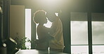 Dance, hug and love with black couple in kitchen of home together for bonding or security. Affection, flare and romantic moment with happy people in apartment for connection, morning or trust