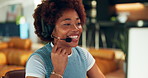 Remote work, headset and black woman with computer for telemarketing, talking or policy premium. Smile, freelancer and sales agent with insurance offer, lead generation or coverage discount at home