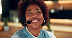 Call center, face or black woman in house with headset, confidence or loan support in remote work. WFH, happy or finance advisor in home with mic, career pride or contact us in investment advice.