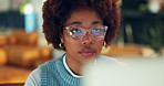 Reading, computer and black woman with glasses for copywriting, online submission and article review. Creative, office and person with reflection for proofreading, website content and blog update
