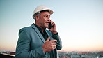 Architect, man and talk in city with phone call, proposal and planning for urban development at sunset. Evening, space and mature person outdoor with tech, contact and conversation for architecture.