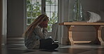 Sad, child and thinking on floor in home for emotional neglect, abandoned or self isolation. Mental health, overthinking or girl with depression in house for loneliness, trauma anxiety or overwhelmed
