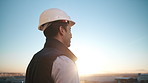 Back, thinking and engineer outdoor for construction, inspection and planning for architecture. Space, man and smile with hardhat for reflection, urban view and quality assurance for building project