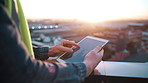 Tablet screen, statistics and hands of construction worker in city for planning, renovation or repairs. Data, person and civil engineer on balcony with digital technology with research on building.