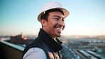 Smile, thinking and engineer outdoor for construction, inspection or planning for architecture. Space, man and happy with hardhat for reflection, urban view and quality assurance for building project