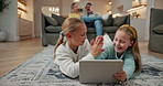 Children, sisters and high five in home with tablet, learning game or bonding with parents supervision. Happy, girls or siblings on floor with tech, winner or celebration for online education gaming.