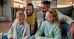 Game, smile or family in home with tablet, happy moment or support with online hobby. Digital, parents or children in living room with tech, playing together or bonding activity in loving connection.