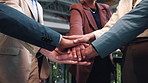 Meeting, business and hands of people with stack for agreement, solidarity and success. Collaboration, team and workers with applause, celebration and happy for profit, finance goals and achievement