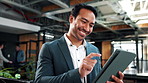Tablet, reading and businessman in office with research for sustainable case on eco friendly legislation. Technology, happy and environmental attorney with email for feedback on conservation law.