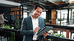 Tablet, happy and businessman in office with research for sustainable case on eco friendly legislation. Technology, smile and environmental attorney with email for feedback on conservation law