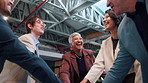 Meeting, business and people with hand stack for agreement, solidarity and financial success. Collaboration, team and workers with applause, celebration and happy for profit, growth and achievement
