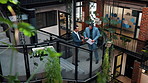 People, talk and tablet in office with sustainable business, planning or online research for project. Team, tech and discussion on stairs for eco friendly goals, environmentalist advice and strategy.