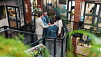 Team, stairs and business people with hand stack, applause and contract success at creative agency. Green office, circle and workers with solidarity, achievement or celebrate at interior design firm