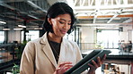 Tablet, reading and businesswoman in office with research for sustainable case on eco friendly legislation. Technology, smile and environmental attorney with email for feedback on conservation law