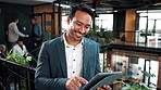 Tablet, smile and businessman in office with research for sustainable case on eco friendly legislation. Technology, reading and environmental attorney with email for feedback on conservation law.