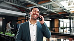 Phone call, laugh and business man in office for environmental project, ESG update and communication. Tech, talk and sustainability consultant in company for funny conversation, CSR feedback or smile