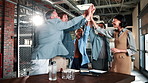 High five, meeting and business people with applause for partnership, deal or thank you in office. B2B merger, team and celebration for welcome, congratulations or client introduction for agreement