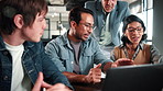 Laptop, meeting and business people in office for discussion with finance, report or budget plan. Tech, review and financial advisors with manager for feedback, investment proposal and conversation
