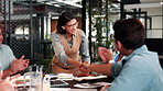 Applause, deal or people in firm with handshake, funding approval or good news on b2b merger. Happy, clap or finance analyst with shaking hands, investment success or agreement in partnership meeting