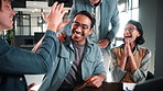Laptop, success or team in office with high five, brand growth or applause on viral campaign. Happy, people or marketing staff with tech, advertisement approval or achievement on business promotion