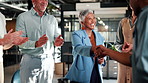 Shaking hands, meeting and business people with applause for welcome, deal or thank you in office. B2B merger, team and handshake for partnership, congratulations or client introduction for agreement