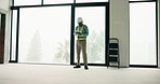 Thinking, black man and civil engineer with tablet on site for feedback on renovation approval. Digital technology, planning and construction worker with email for review on building or repairs.