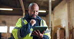 Architect, thinking and man with tablet on building site, research or planning for renovation on web. Happy, mature civil engineer and black person with technology, reflection and project management