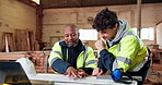 Team, men and carpenters with blueprint in workshop for planning, discussion or furniture manufacturing. Professional, conversation and team of woodworkers with documents for inventory in warehouse.