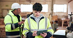 Architect, walking and happy man with tablet on construction site, inspection or property management. Building, check and person with tech for renovation update, smile and quality control on website