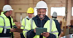 Civil engineer, walk and happy man with tablet in building, inspection or property management on web. Architect, safety check and mature person with tech for construction update, typing and research