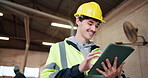 Architect, typing and happy man with tablet on construction site, inspection or property management. Building, check and person with tech for renovation update, smile and quality control on website