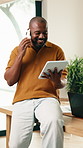 Man, tablet and phone call in home with remote work, laugh and funny feedback for marketing project. Freelancer, mature black person and contact in house with tech, smile and joke for ad campaign.
