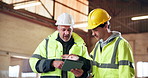 Talking, construction and men on tablet for planning, online inventory and material for production. Engineering, supervisor and people with digital tech for inspection, manufacturing and schedule
