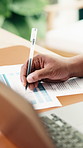 Man, hands and writing in office with document, accounting and signature for finance audit approval. Accountant, person and sign paperwork in firm for financial assurance, business admin and report.