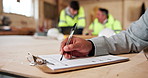 Signature, hands and foreman with building contract for property investment or construction agreement. Contractor, architect or person signing documents with clipboard for architecture or legal deal