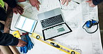 Tech, hands and men with blueprint for construction, layout and budget for building project. Above, engineering and workers with laptop and design for renovation, architecture and funding report