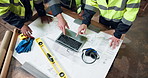 Laptop, above and people with blueprint for construction, meeting and layout for building project. Team, engineering and workers with paperwork, tech and floor plan for renovation or architecture