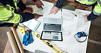 Tech, pointing and people with blueprint for construction, meeting and layout for building project. Above, engineering and workers with paperwork, laptop and floor plan for renovation or architecture