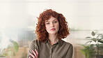 Business, face and woman with confidence in office for ESG compliance, green career or about us. Space, sustainability advisor and serious at eco friendly workplace for social impact, growth or pride