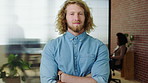 Man, face and arms crossed with job at startup, pride or smile with confidence at design company. Person, career and happy in portrait for coworking, laughing or excited at office at creative agency