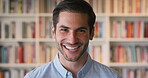 Face, friendly and laughing with man in library as college or university professor for education. Future, learning and satisfaction with funny teacher in bookstore for academic job or research
