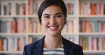 Face, student or happy woman in library with college education, knowledge or study business course. Female person, smile and learning at university campus with commerce faculty, growth or development