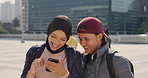 Friends, scroll and laugh in city with phone, social media joke and bonding together after school. Happy, people and students outdoor in urban town with tech, internet humor and funny online meme.