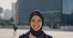Face, student or Muslim woman with laughing in city, university education or commute for learning, Portrait, happy or Arab person with confidence for religious studies, morning travel or urban town