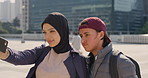 People, student or city with friends for selfie, social media or funny picture together. Girl, boy or academic learners with smile, silly face or capture moment for photography or friendship in town